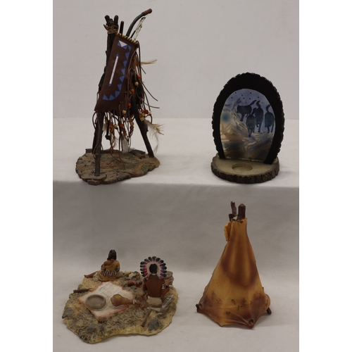 3 composition Native American Indian ornaments, seated group and Teepee ...