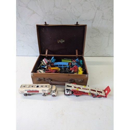 318 - A Brown Leather Case Full Of Various Dinky, Corgi And Matchbox Diecast Model Cars