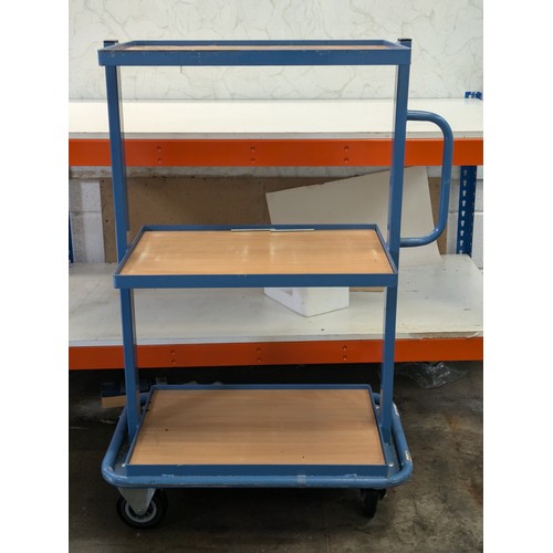 60 - A Blue Metal Rolling 3 Tier Shelving Unit With Wood Shelves