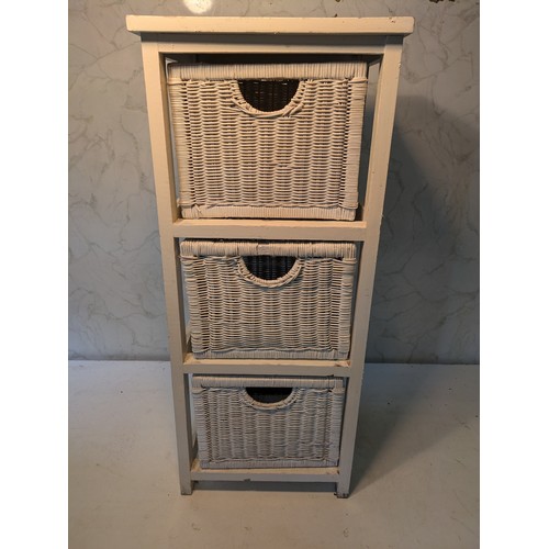 98 - a white wood shelving unit with wicker baskets