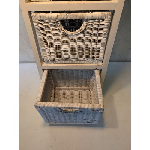 98 - a white wood shelving unit with wicker baskets