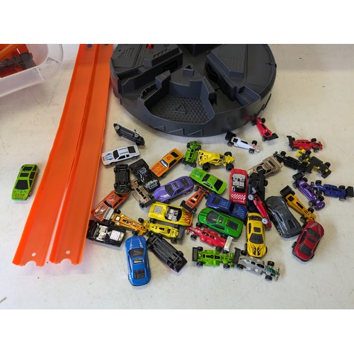 368 - a hot wheels track including over a dozen cars Of Various Brands