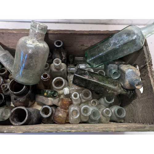 216 - A Variety Of Antique Bottles In A Wooden Box