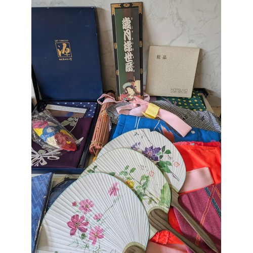 178 - A selection of Japanese plates and clothing and tablecloths