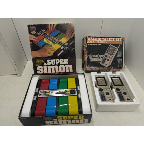 244 - A Vintage Mb Electronics Super Simon In Original Box And A Set Of Academy Aw5 Walkie Talkies