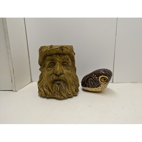 534 - A Green Man Stone Plant Pot And A Panted Stone Owl