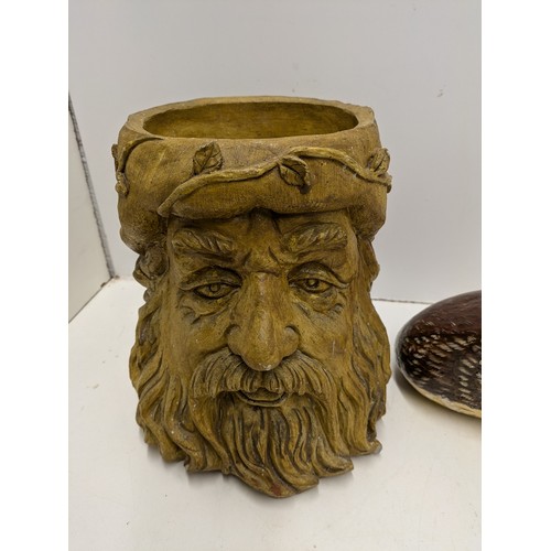 534 - A Green Man Stone Plant Pot And A Panted Stone Owl