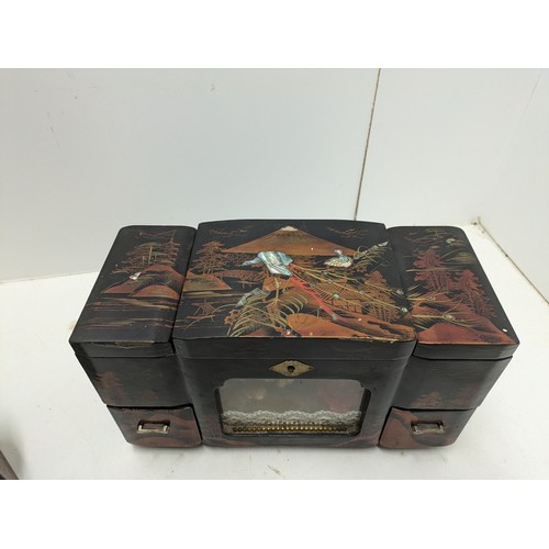 545 - An Oriental Musical Jewellery Box With Mother Of Pearl Inlay, And A Vintage 4 Piece Wood Book Stand