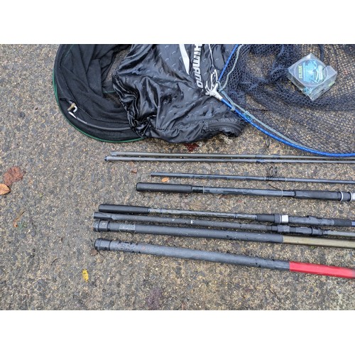 76 - A Selection Of Fishing Rods And Nets including Shimano, hyper loop , telescopic handles