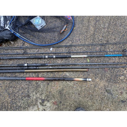 76 - A Selection Of Fishing Rods And Nets including Shimano, hyper loop , telescopic handles