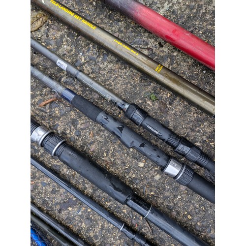 76 - A Selection Of Fishing Rods And Nets including Shimano, hyper loop , telescopic handles