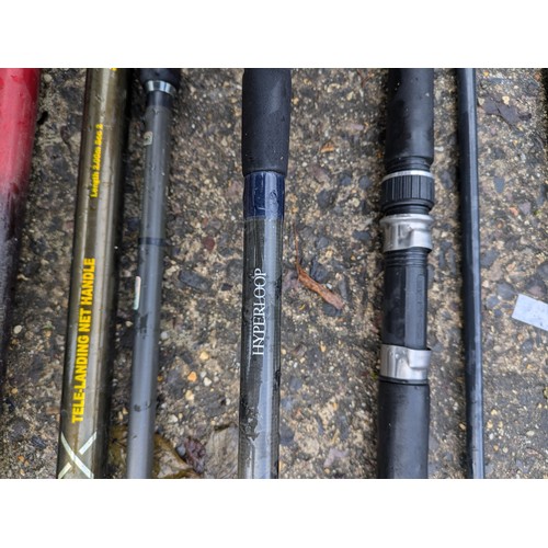 76 - A Selection Of Fishing Rods And Nets including Shimano, hyper loop , telescopic handles