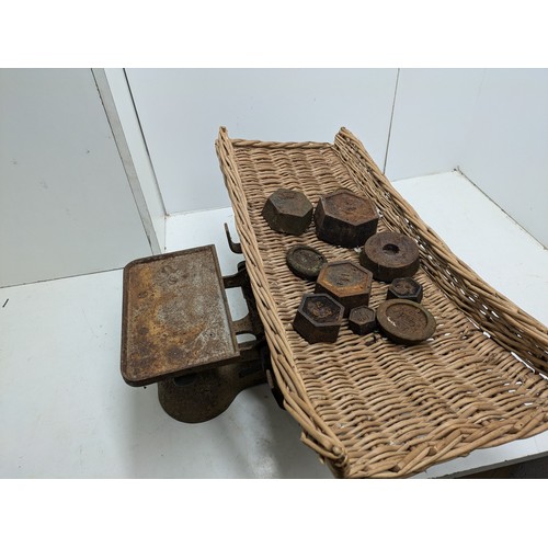 502 - A Vintage Treasure Cot Weighing Scale With Wicker Basket, And A Selection Of Weights