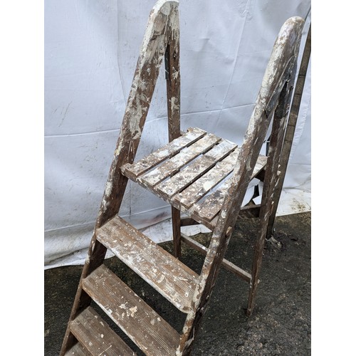 42 - A vintage Oak Folding Mid-Story Ladder