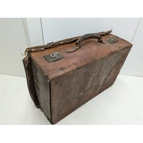 402 - A Vintage Leather Bound Suitcase With Brass Latches - Inscribed MBC