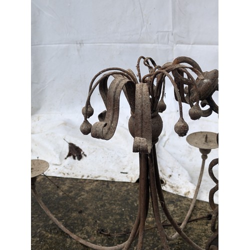 414 - An Antique 6 Branch Hanging Wrought Iron Candle Chandelier