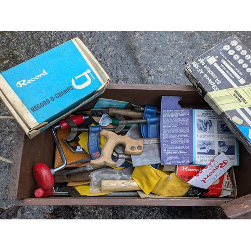 835 - A Selection of Hand Tools Including Sockets Set, G Clamps, Drill Bits Etc In Wood Case