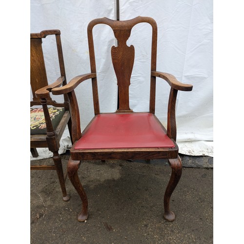 277 - a selection of 3 antique oak armchairs -  one leather base and 2 upholstered designed bases