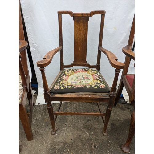 277 - a selection of 3 antique oak armchairs -  one leather base and 2 upholstered designed bases