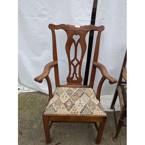 277 - a selection of 3 antique oak armchairs -  one leather base and 2 upholstered designed bases