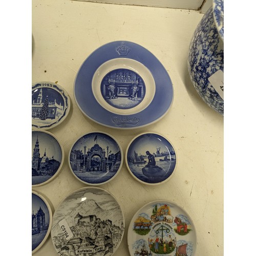 494 - A Selection Of Blue And White Ceramic Souviner Plates, And A Stone Wash Bowl