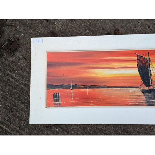 1197 - an oil canvas painting depicting ships sailing calm waters at sunset - signed