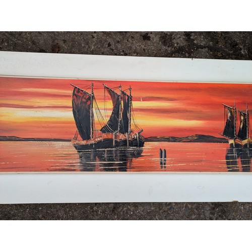 1197 - an oil canvas painting depicting ships sailing calm waters at sunset - signed