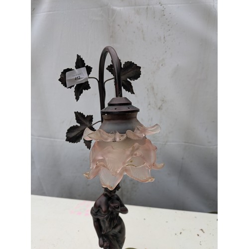 412 - A Resin Lamp Shade Depicting a Lady, With a Floral Glass Shade