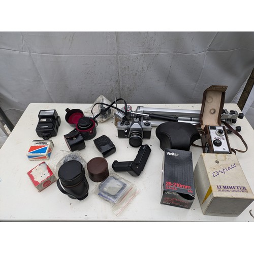 408 - A Selection of Vintage Camera Equipment, including a Velbon veb-3c Tripod, Ak8 Film Camera, Lenses a... 