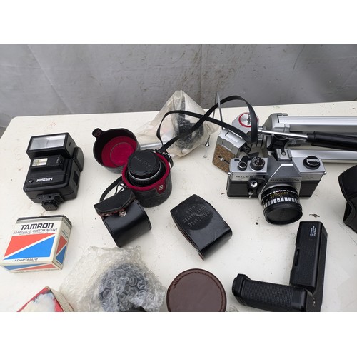 408 - A Selection of Vintage Camera Equipment, including a Velbon veb-3c Tripod, Ak8 Film Camera, Lenses a... 