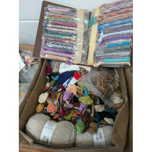 1028 - 3 boxes of various fabrics, balls of wool, cloth, etc