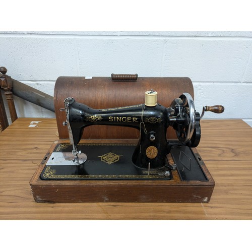 405 - A Singer 99k Hand Crank Sewing Machine In Case With Key