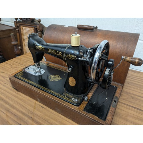 405 - A Singer 99k Hand Crank Sewing Machine In Case With Key