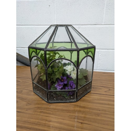 400 - An antique Leaded Glass Terrarium with Faux Plants