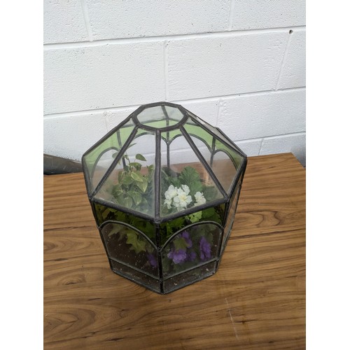 400 - An antique Leaded Glass Terrarium with Faux Plants