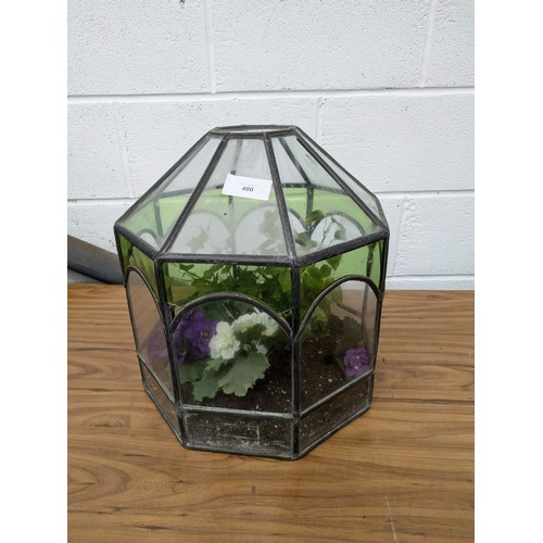 400 - An antique Leaded Glass Terrarium with Faux Plants