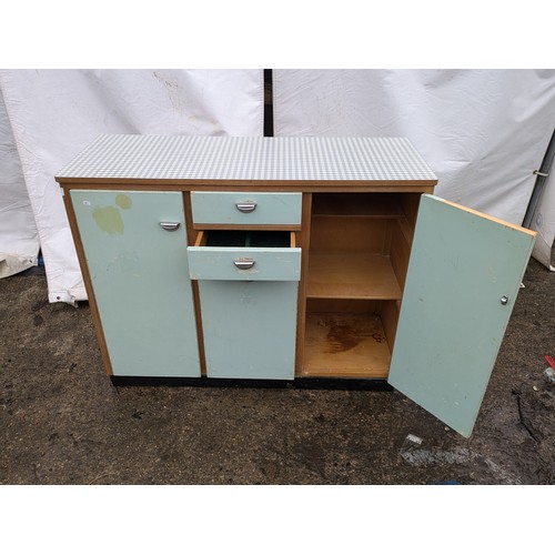 212 - A mid-century retro Pine Kitchen Side Board With Blue Chequered pattern and Stainless Handles