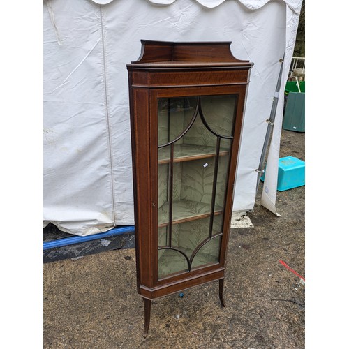 237 - A Mahogany Corner Cabinet With Inlays, Green Floral Interior, and Internal Shelves , with key