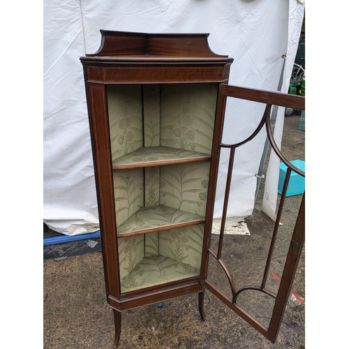 237 - A Mahogany Corner Cabinet With Inlays, Green Floral Interior, and Internal Shelves , with key