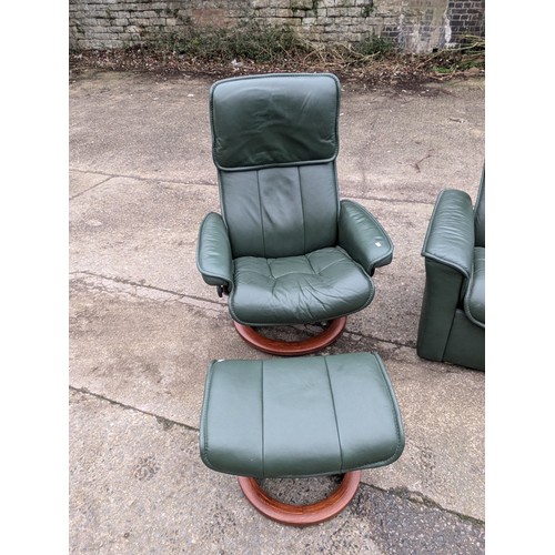 214 - A Stressles 3 Piece Reclining Sofa Set - Retro Styled with 2 Reclining Armchairs and Foot Stools