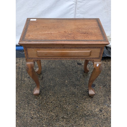 222 - A Vintage Oak Makeup table With An Interior Compartment and 1 Drawer - Carved with a Floral Pattern