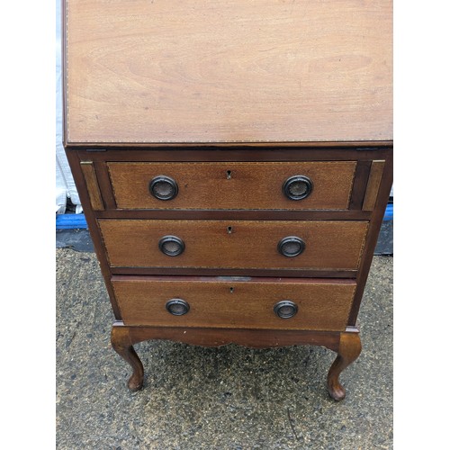 225 - An Oak Bureau With Inlay - 3 Drawers With Brass Fixtures