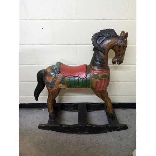 529 - A Vintage Oak Hand Carved & Painted Rocking Horse