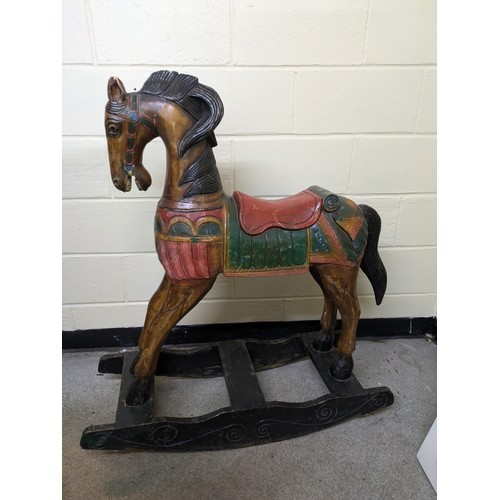 529 - A Vintage Oak Hand Carved & Painted Rocking Horse