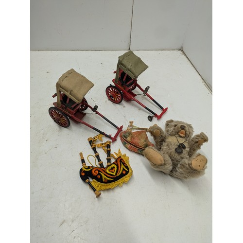 1268 - A Pair of Wood Model Farming Carts And A Bear With A Bagpipe