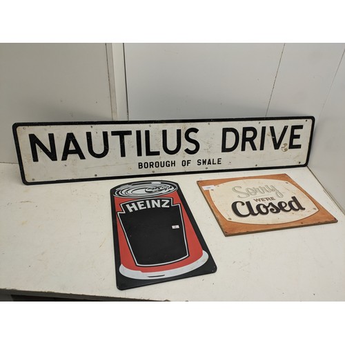 1275 - A Set of 3 Signs - One Cast Iron Nautilis Drive, one Open/Closed, and One Heinz