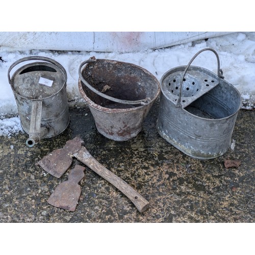 211 - A Selection of 3 Galvanized Items - Watering Can, Bucket and Mop Bucket, and a Hatchet & Hatchet hea... 