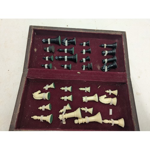 856 - A Vintage Oak and Inlaid Chess Set With Mother Of Pearl Effects - Piece Misisng