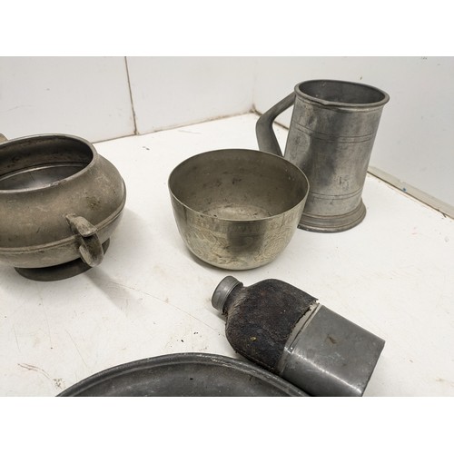 851 - A Selection of Antique Pewter and Silver Plated Tankards, Plates and Flasks