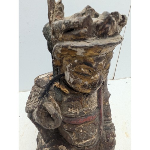 860 - An Antique Chinese Wood Carving of A Deity With Buildings And Horse Hair